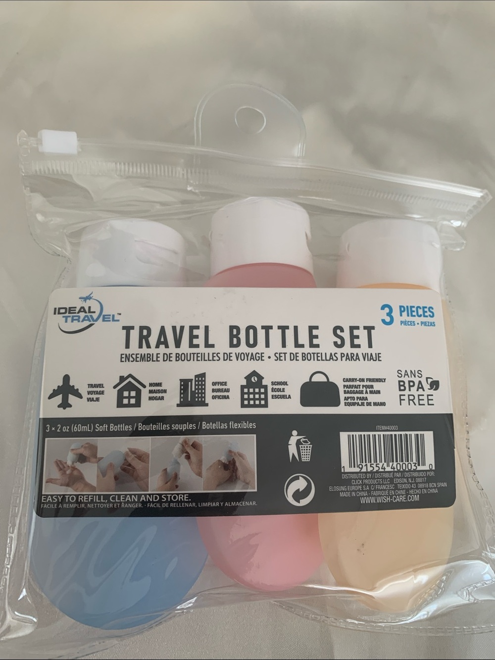 Ideal Travel Travel Bottle Set — Blue, Pink, Peach (3-Pack)